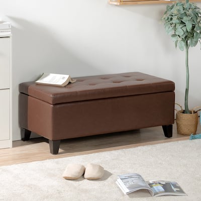 Storage Ottoman with Wooden Legs, Faux Leather Ottoman with Storage for Living Room, Bedroom & Hallway, Ottoman Foot Rest