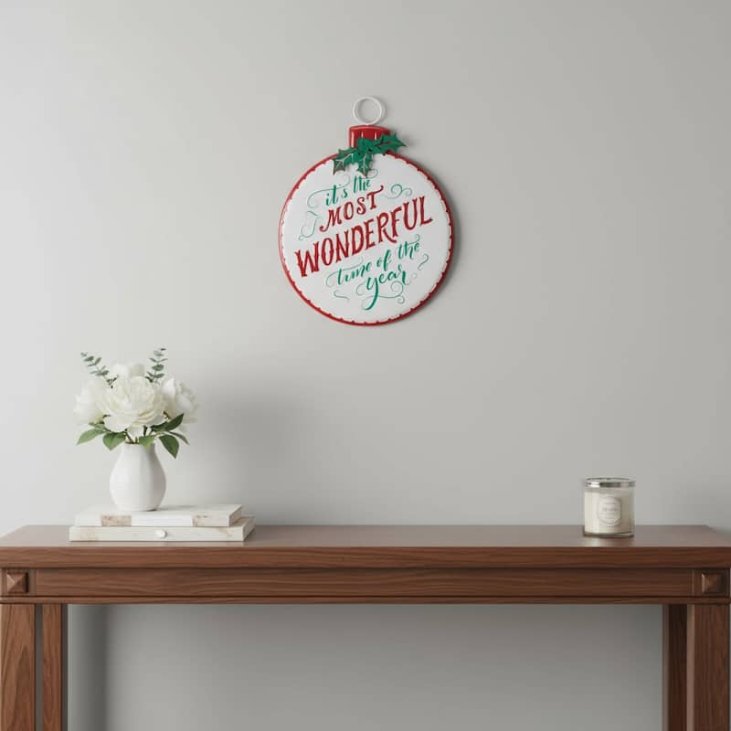 HomeRoots 18" X 14" White Green And Red Metal Christmas Ball Hanging Wall Decor - Green/White/Red - 14.00 in. x 18.00 in.  x 1.00 in.