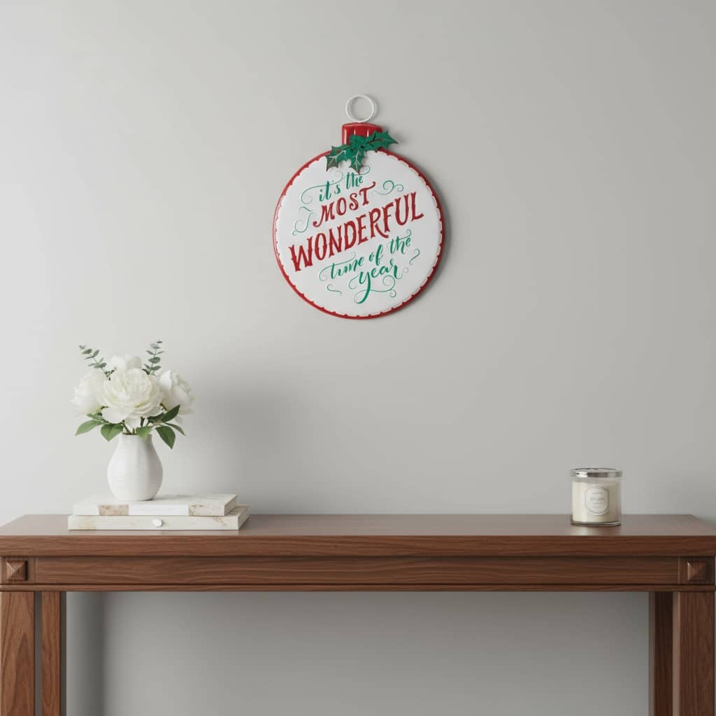 HomeRoots 18" X 14" White Green And Red Metal Christmas Ball Hanging Wall Decor