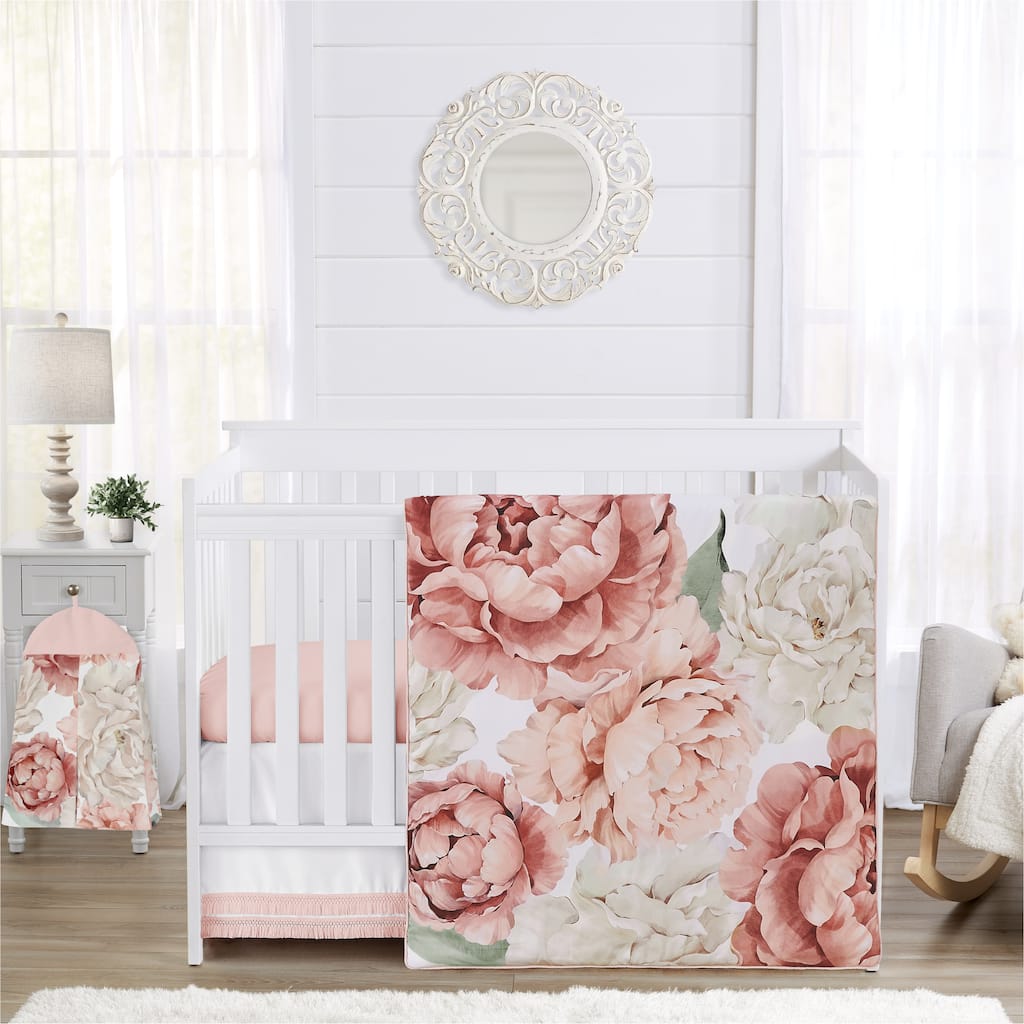 Boho Shabby Chic Floral Girl Nursery Crib Bedding Set Ivory Bohemian Vintage Garden Watercolor Flower Nature Elegant Rose Fringe