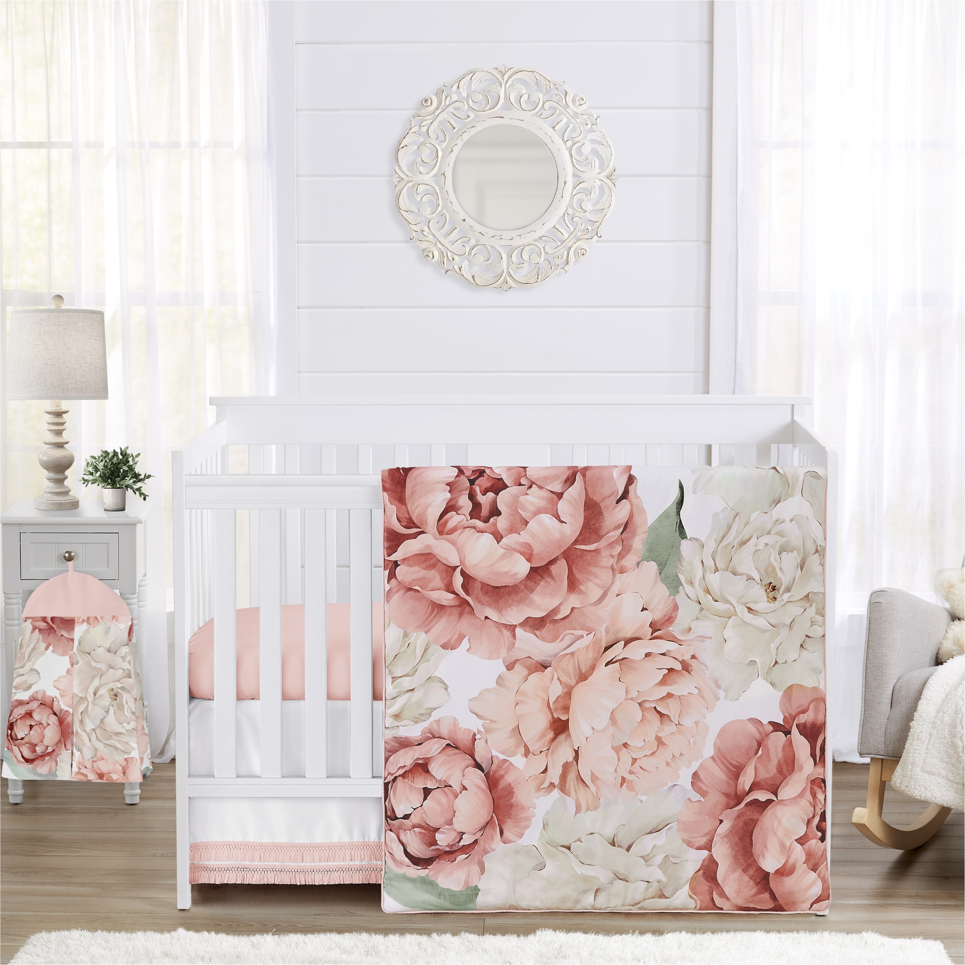 Boho Shabby Chic Floral Girl Nursery Crib Bedding Set Ivory Bohemian Vintage Garden Watercolor Flower Nature Elegant Rose Fringe
