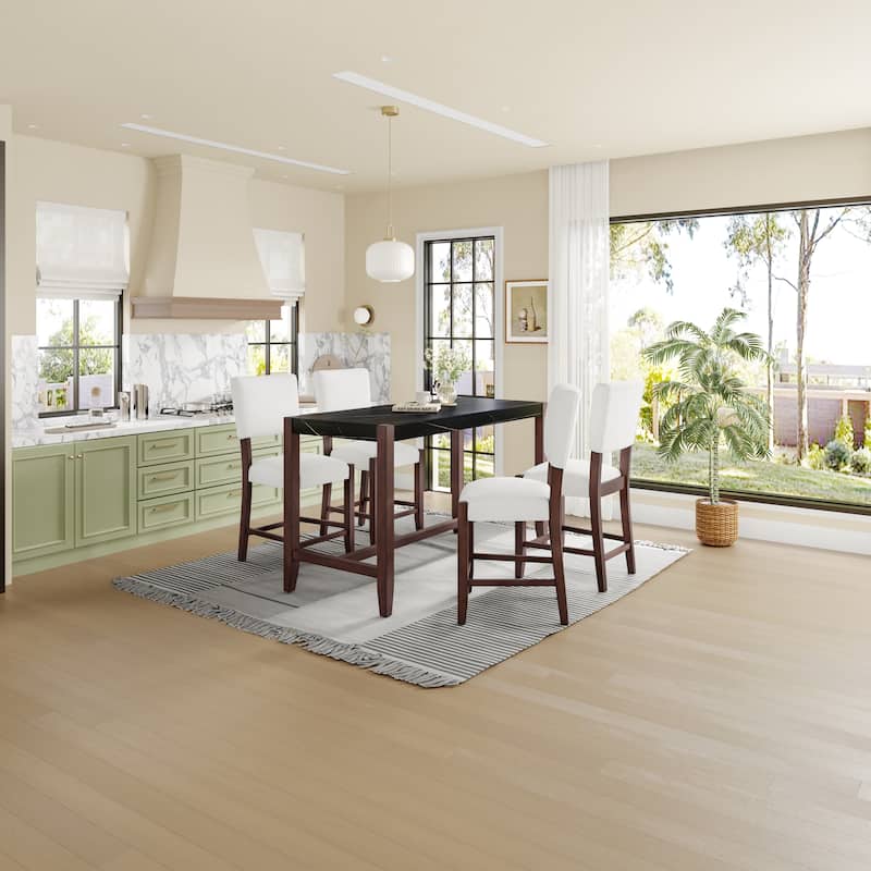 5-Piece Counter Height Dining Table Set with Faux Marble Table and 4 Upholstered-Seat Ergonomic Chairs, Anti-stain Surface