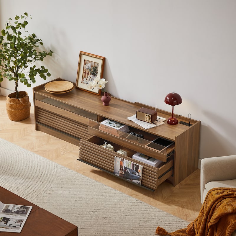 Roomfitters Modern TV Stand with 4 Drawers, Tempered Glass, Charging Ports and Ambient Lighting, Ample Storage