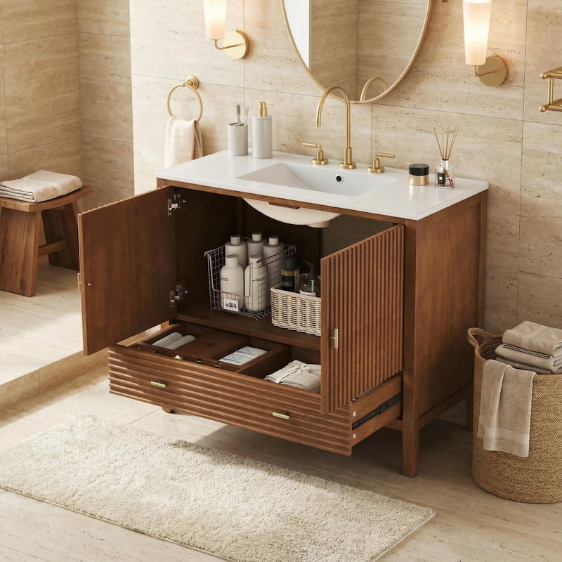 Christopher Knight Home - Mid-Century Freestanding Bathroom Vanity with Ceramic Sink, Flip-Up & Dual Drawers