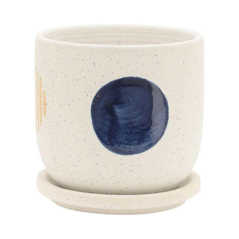 Set of 2 Ceramic Planters 5" & 6" White Planters on Saucers Contemporary Funky Circle Design For Indoor or Outdoor