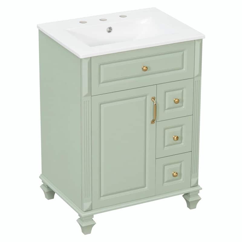 24" Bathroom Vanity with Sink, Freestanding Vanity Cabinet with Flip-Out Drawer, 3 Drawers, Ceramic Top