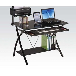 Black Glass Computer Desk with X Shaped Metal Tubing, Keyboard Tray ...