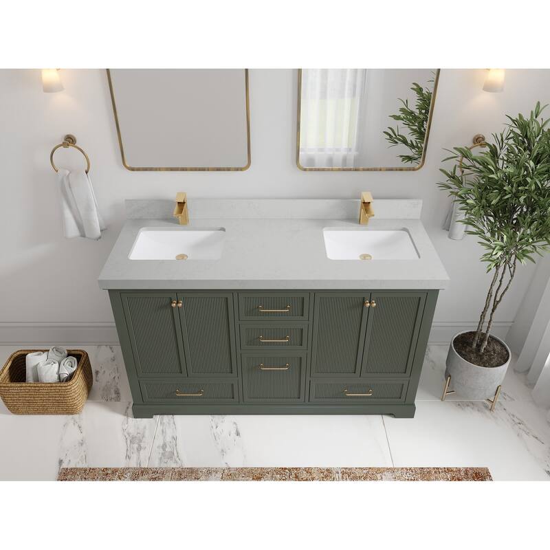 Willow Collections 60 in. W x 22 in. D Alys Double Sink Bathroom Vanity with Countertop - 2"Carrara Quartz - Pewter Green