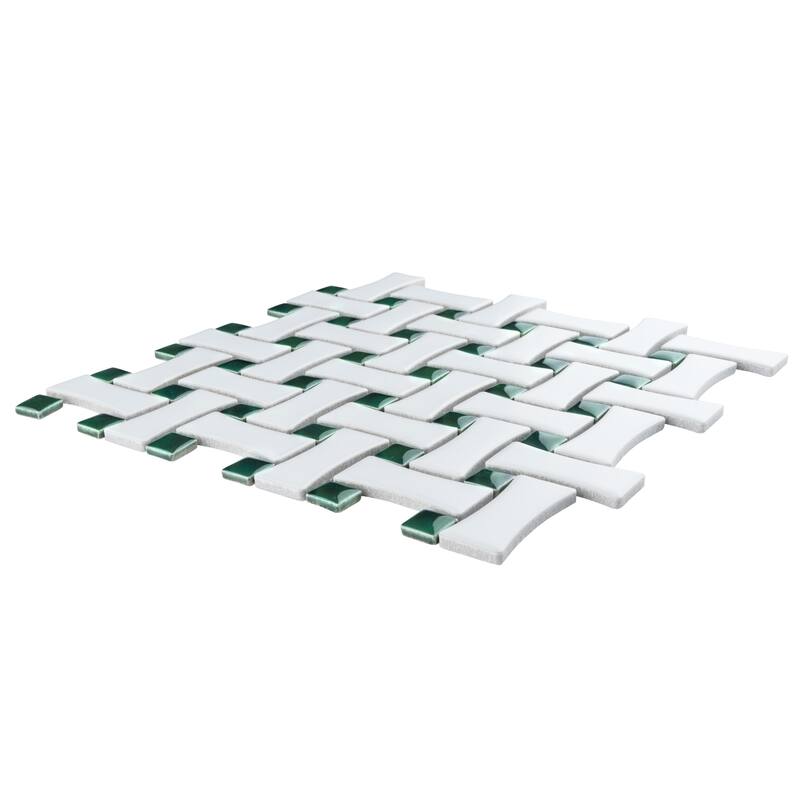 Merola Tile Metro Ion Dog Bone Basketweave Emerald Dot w/Matte White 10" x 10" Porcelain Mosaic Floor and Wall Tile
