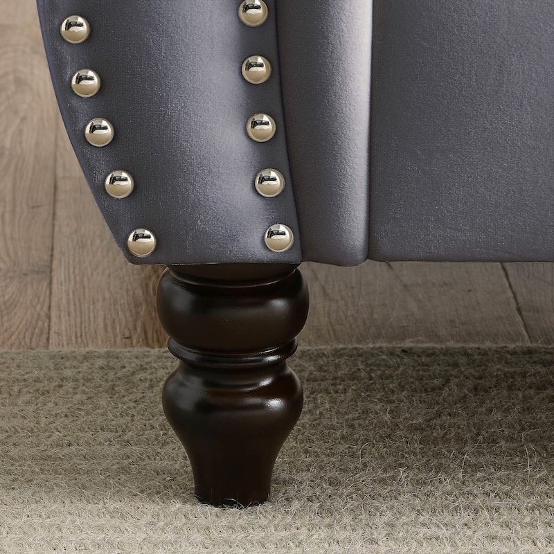 Velvet Upholstered 3 Seater Sofa, Button Tufted Sofa with 2 Pillows, Lounge Sofa with Rolled Arms & Nailhead Trim