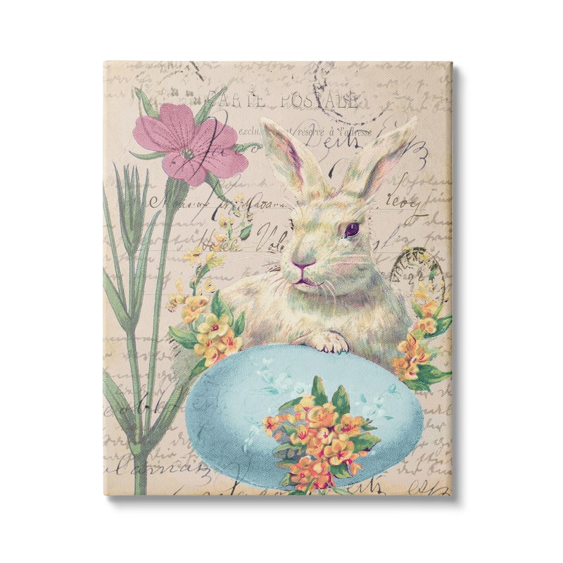 Stupell Easter Bunny Spring Blue Egg Vintage Postal Script Canvas Wall Art - 16 x 20