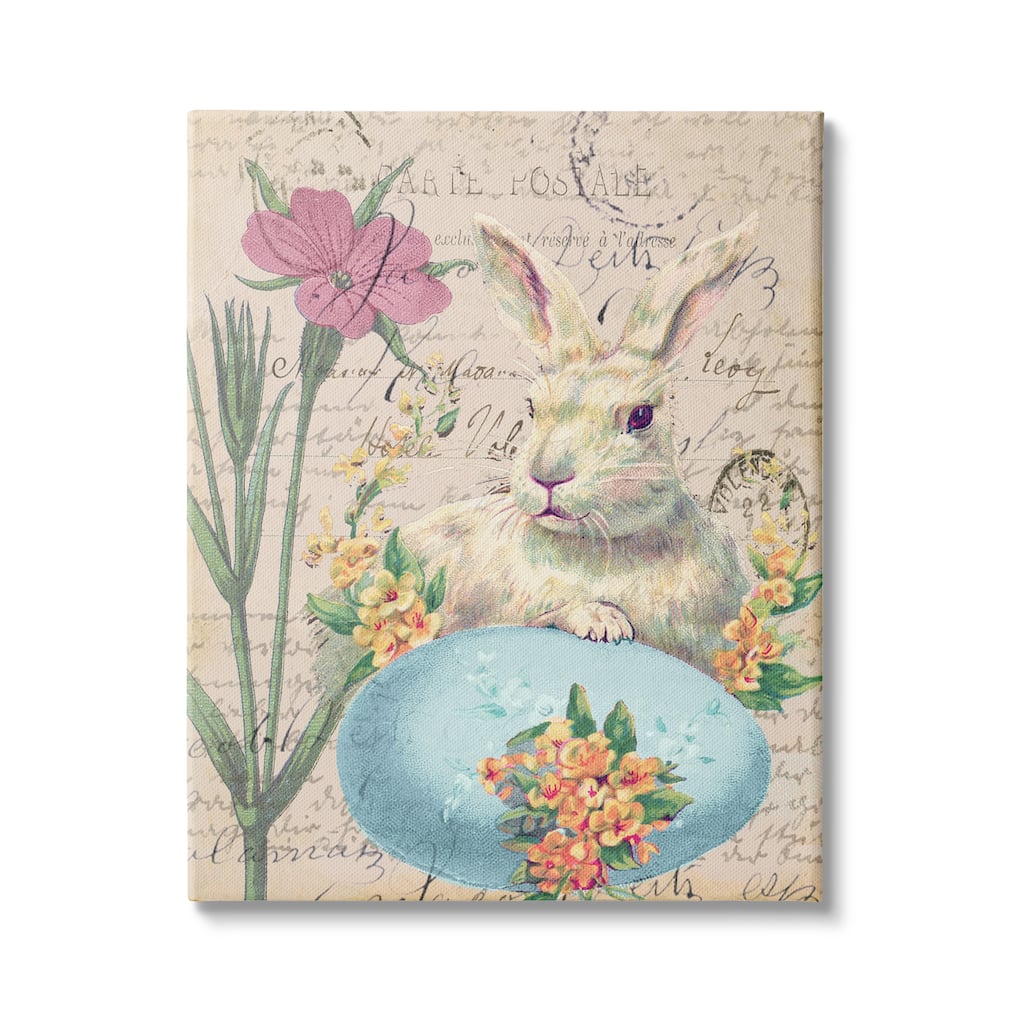 Stupell Easter Bunny Spring Blue Egg Vintage Postal Script Canvas Wall Art