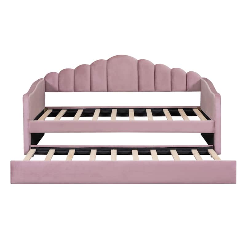 Vertical Stripes Backrest Daybed, USB Charging Ports on Armrest, Velvet Upholstered Sofabed wTrundle Bed, Wood Panel Bed Frame
