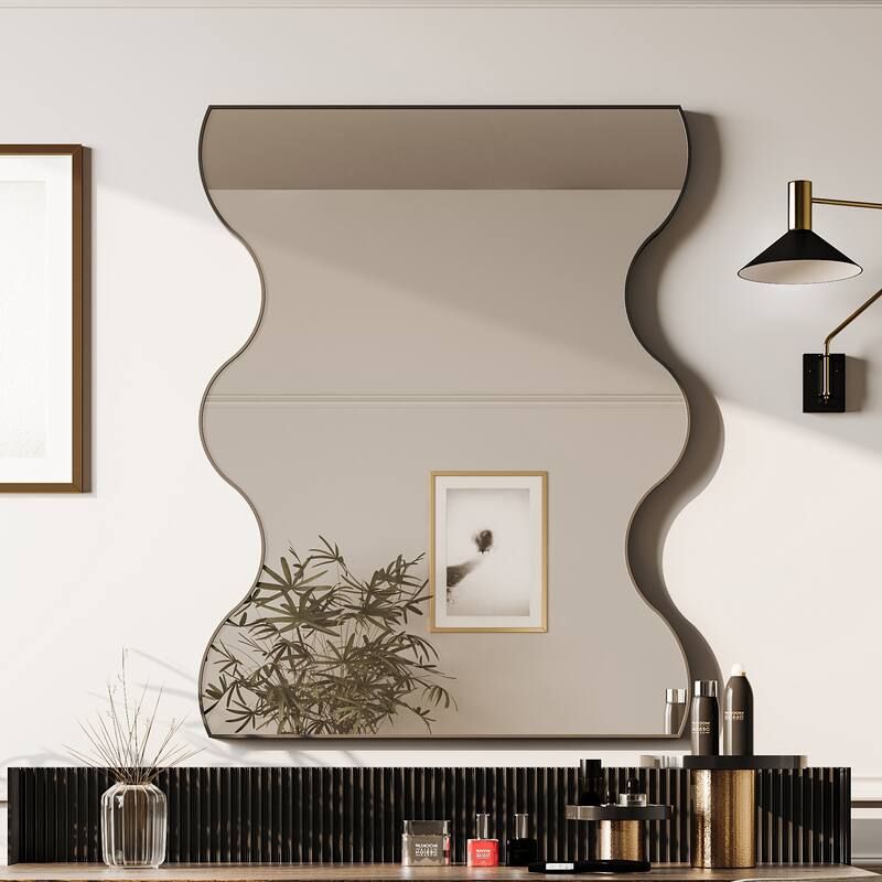 Wall Mirror 30x35 Inch Rectangular Mirror with 2 Wavy Sides Metal Framed Mirror Vanity Mirror Dressing Mirror - Black