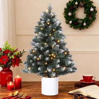 3 Feet Small Pre-Lit Snow Flocked Christmas Tree for Tabletop Decor - 3 ...