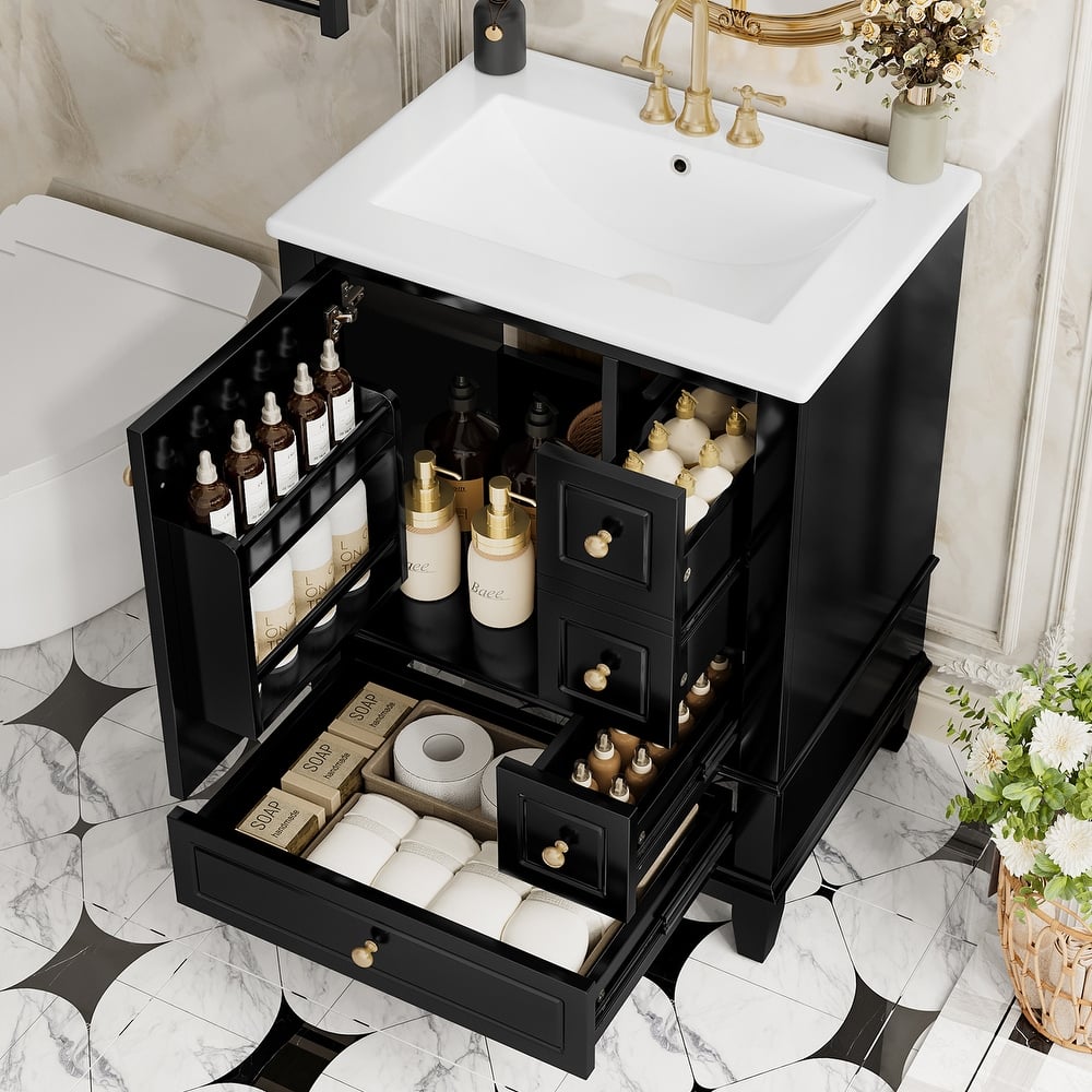 24" Bathroom Vanity With Sink And Drawers, Freestanding Vanity Cabinet With Ceramic Top And Storage Shelves, Modern Sink Cabinet