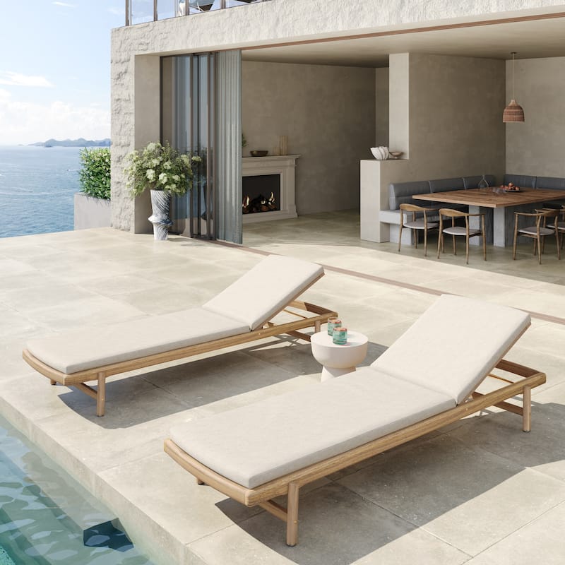 Roomfitters Mallorca Outdoor Acacia Wood Chaise Lounge with Water Repellent Cushion, Teak Finish Set of 2