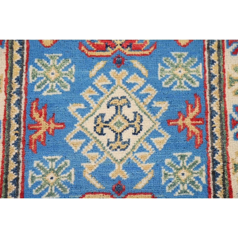 Blue Geometric Kazak Rug Hand-Knotted Oriental Wool Carpet - 2'0" x 2'11"