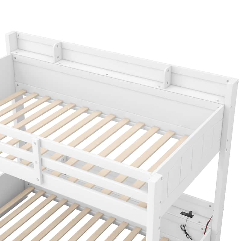 Twin over Full Bunk Bed with LED Lights, Charging Station, Storage Shelves & Drawer, Solid Pine Wood