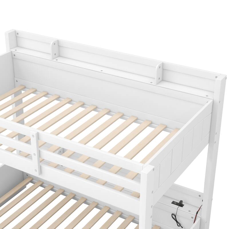 Wooden Bunk Bed Twin over Full Bunk Bed with 6 Up and Down Storage Shelves, LED, Charging Station, Stairs and Bottom Drawer