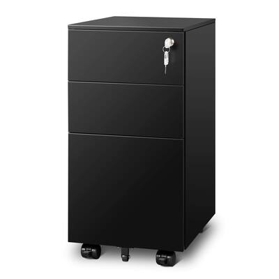 3 Drawer File Cabinet with Lock, Metal Rolling Filing Cabinets, Small Under Desk Cabinet with Slim Width (11.8 inch), Black