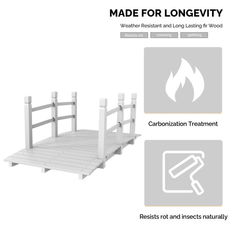 White Wooden Garden Bridge with Handrails - Durable & Weather-Resistant Outdoor Decorative Footbridge