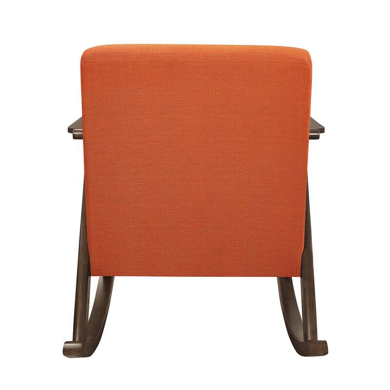 Tim 37 Inch Rocking Armchair, Orange Polyester, Walnut Brown Solid Wood