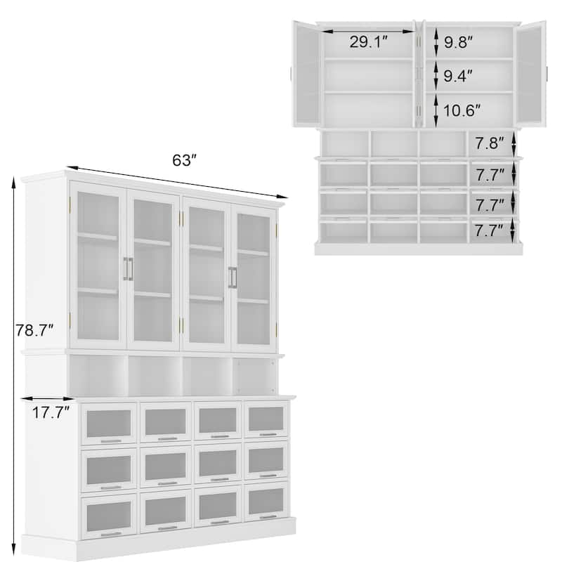 Large Kitchen Pantry Cabinet with Glass Doors and Bottom-Pull Drawers
