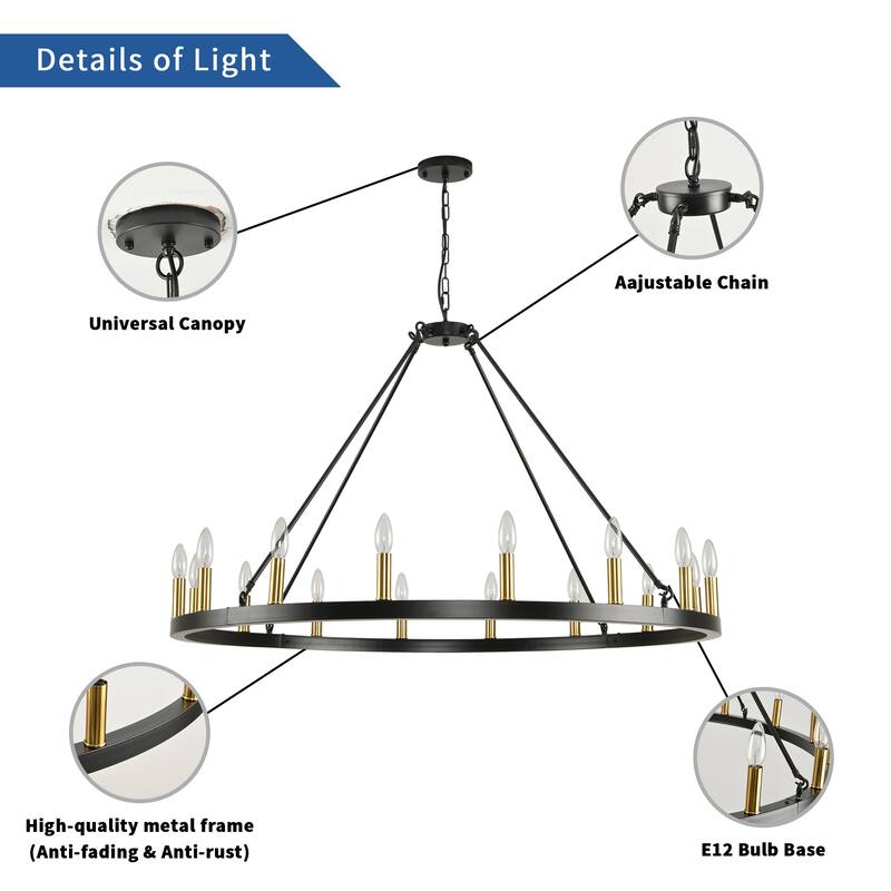 16-Light Black Wagon Wheel Chandelier Farmhouse Chandelier Diam 43-inch Large Round Pendant Light Fixture