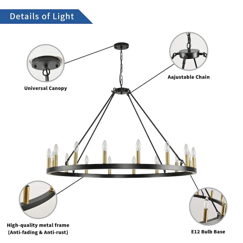 43-inch Farmhouse Black Wagon Wheel 16-Light Chandelier - N/A