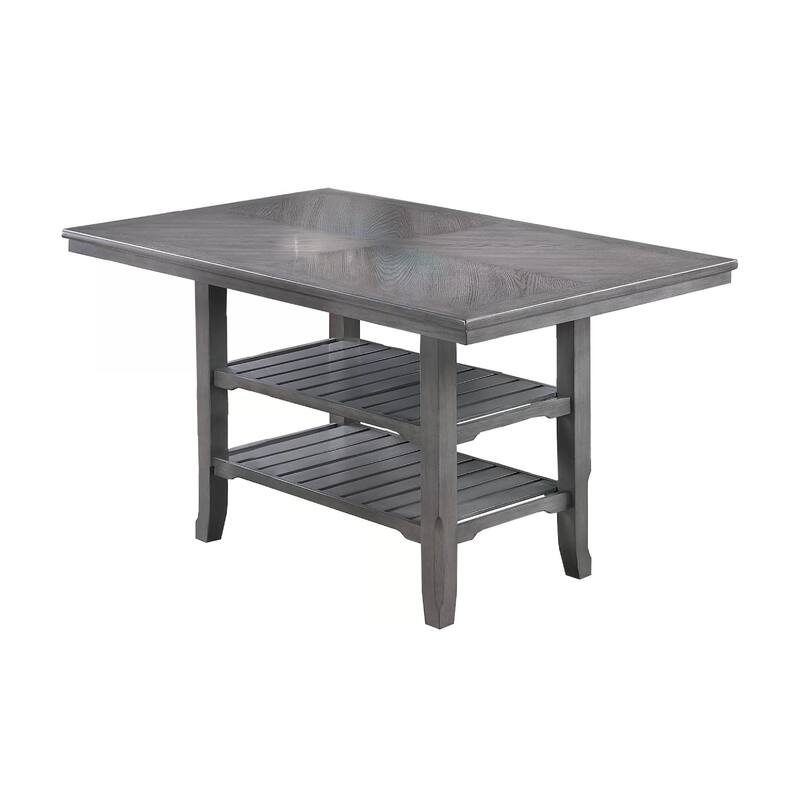 Suzy Counter-Height Table, 2 Slatted Shelves, Gray Rubberwood, 64 Inch