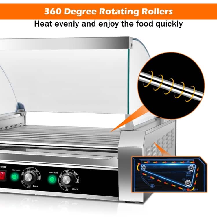 Commercial 11-Roller Hot Dog Machine Stainless Steel Grill with Glass Hood 30 Hot Dogs - 23" x 20" x 16.5" (L x W x H)