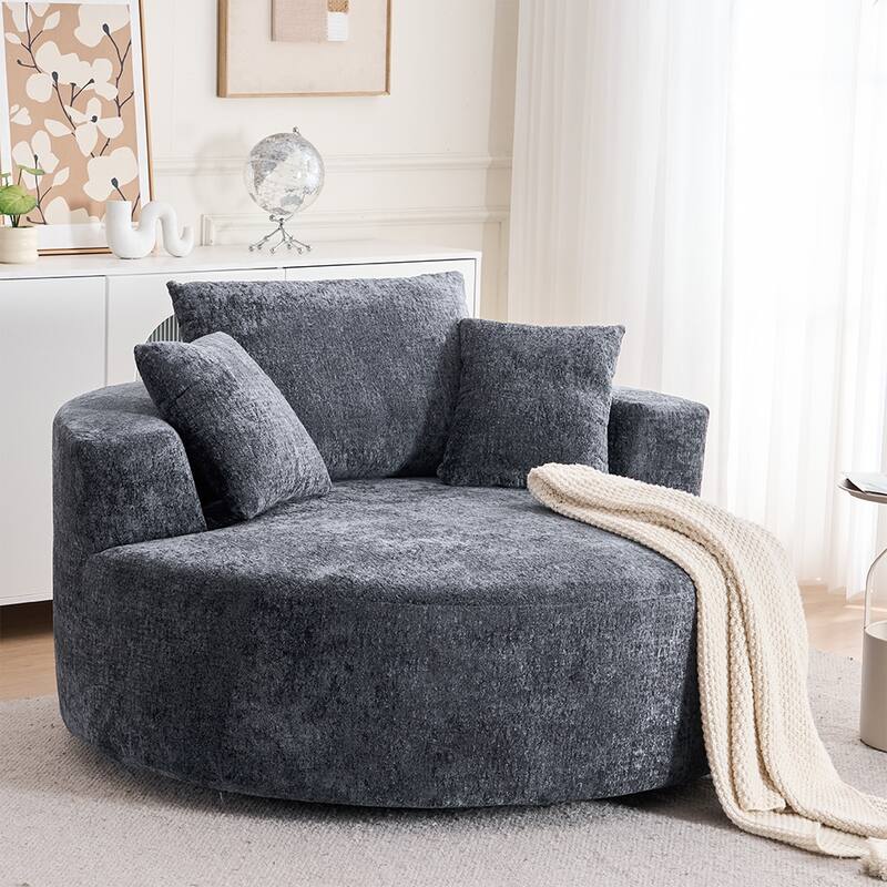 Round Accent Chair with High-Resilience Cushions, Swivel Chenille Barrel Chair, Fluffy Sleeper Lounge Chair