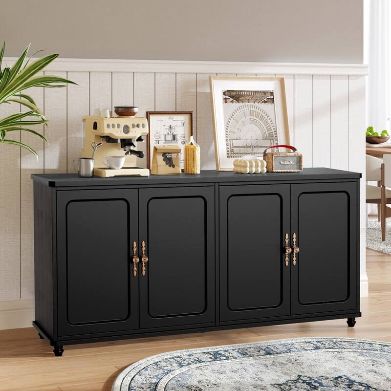 60"W Kitchen Buffet Sideboard Cabinet With Adjustable Shelves, 4 Doors Mid-Century Cupboard Set Of 2