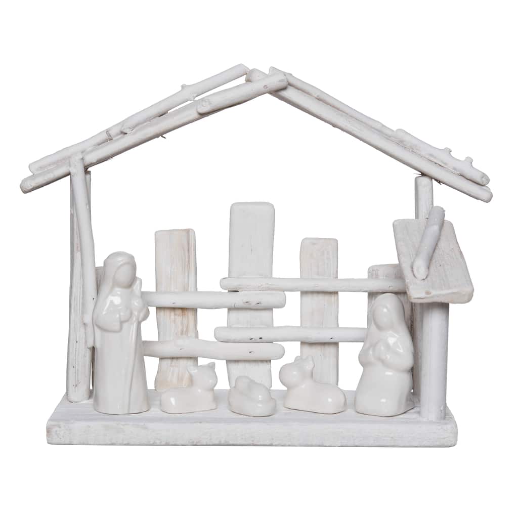 Transpac Wood 12 in. White Christmas Minimalist Nativity Scene