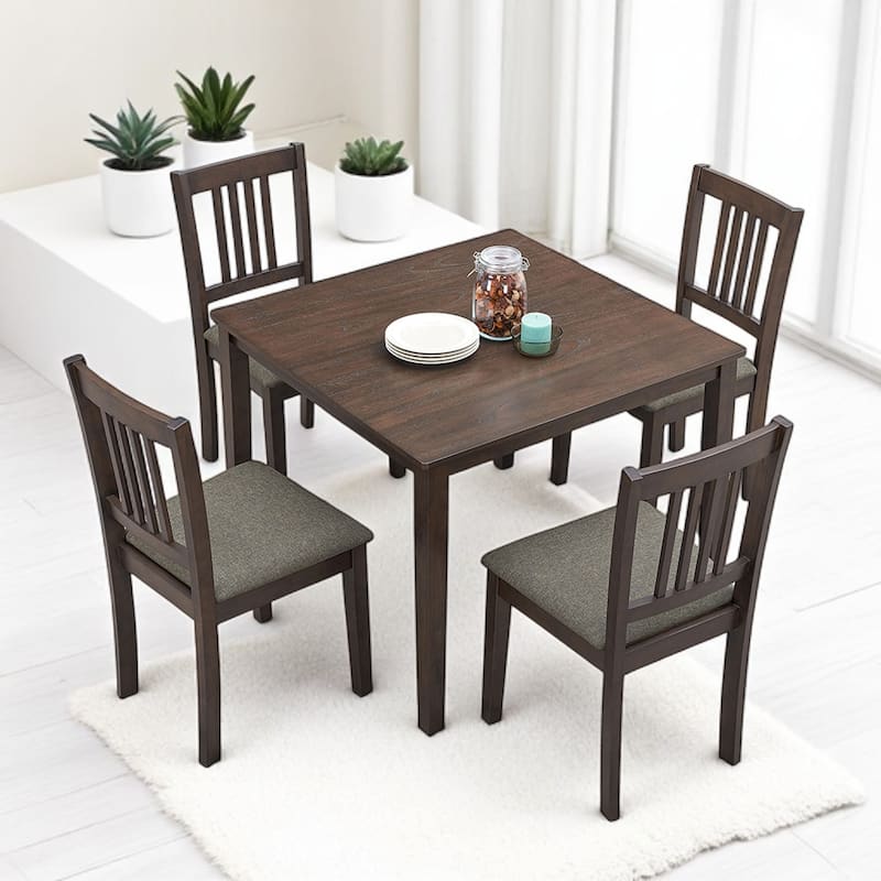 Wooden 5-Piece Dining Table Set for 4, Square Kitchen Table with Upholstered Chairs, Solid Wood & MDF, Space-Saving Design - Dark Brown