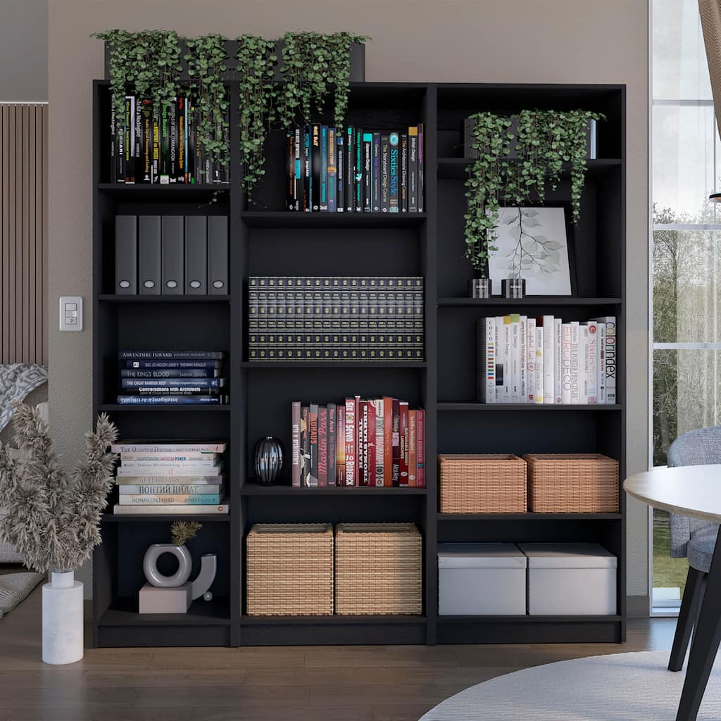 FM FURNITURE Avra 3 Piece Living Room Set with Sutton Bookcase + Sutton 4 Shelves Bookcase + Sutton Slim Bookcase, Black
