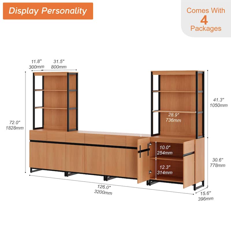 WAMPAT Modern TV Stand with 3 Tiers Bookshelf, Farmhouse Entertainment Center with 4 Large Storage Cabinets and Adjustable Shelf