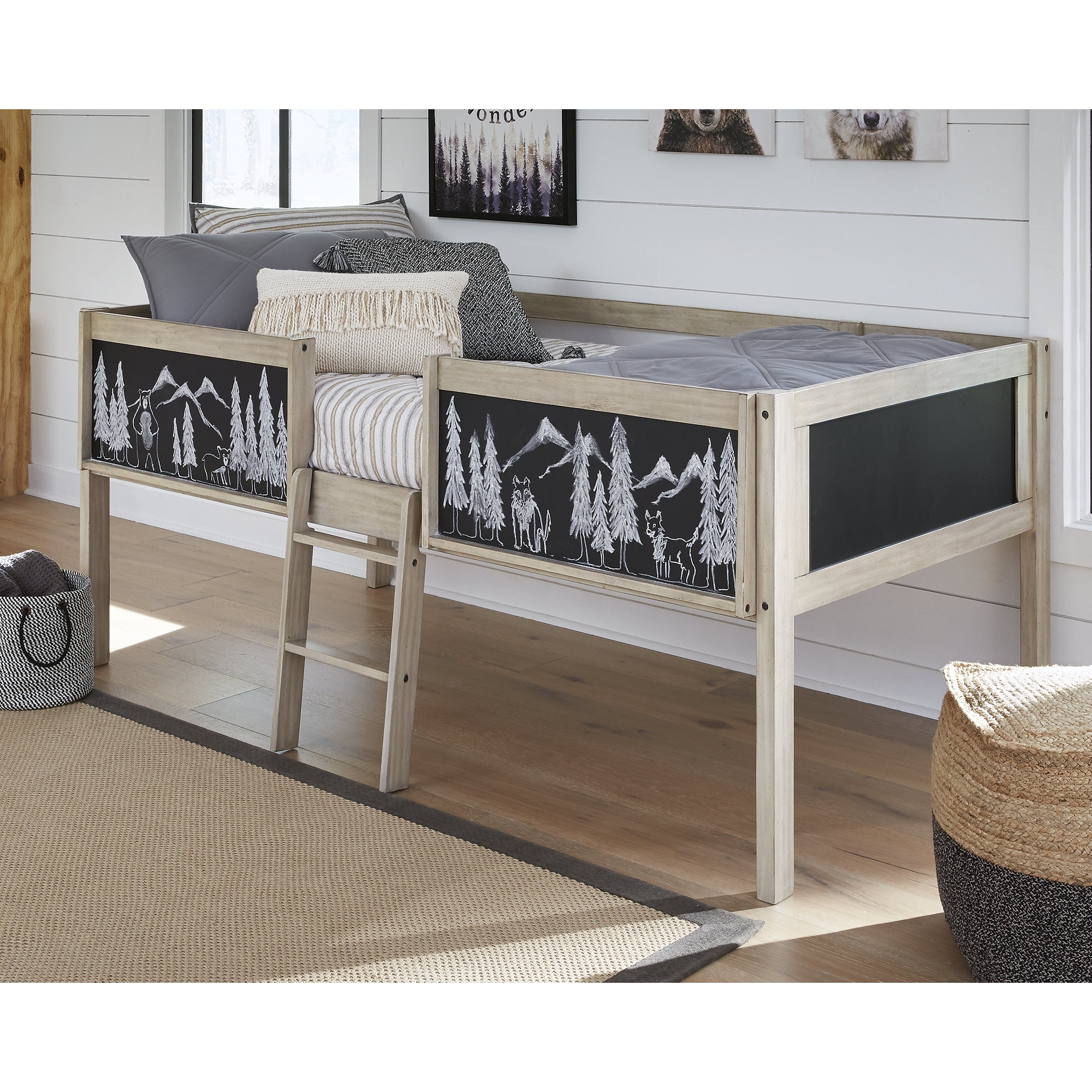 Wrenalyn Natural Wood Twin Loft Bed Frame With Chalkboard Panels Overstock 32596746