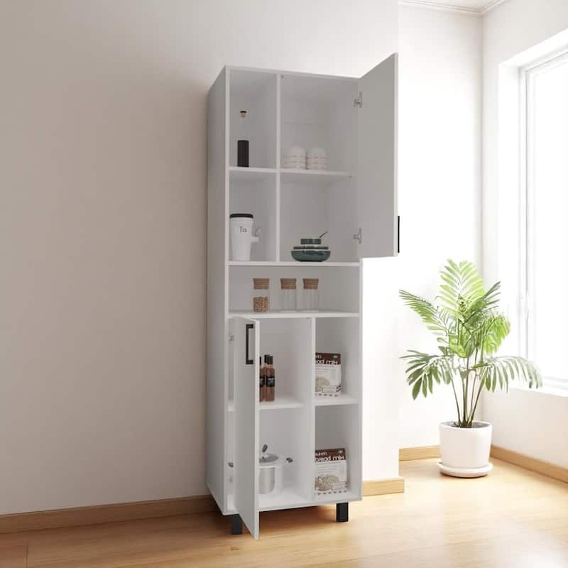 Tall White Pantry Storage Cabinet with Full-Length Double Doors and Multiple Interior Compartments