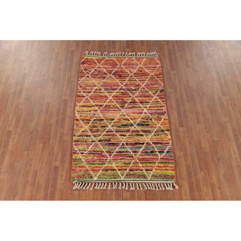 Hand Knotted Oriental 100% Wool Carpet Modern Geometric Multi-Colored Moroccan Area Rug - 6' 0'' X 4' 0''