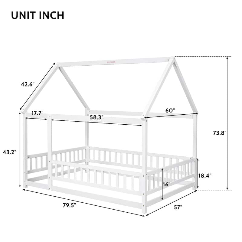 Full/Twin Size Wooden Bed with House Roof Frame and Fence Guardrails