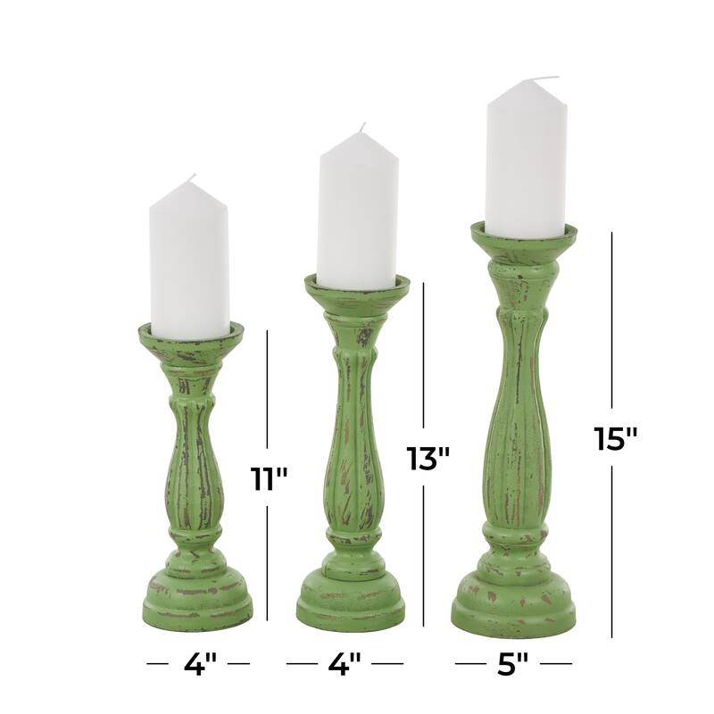 Wooden Distressed Turned Decorative Candle Holder - Set of 3 Gray, Brown, Blue, Green - Roche River Decor