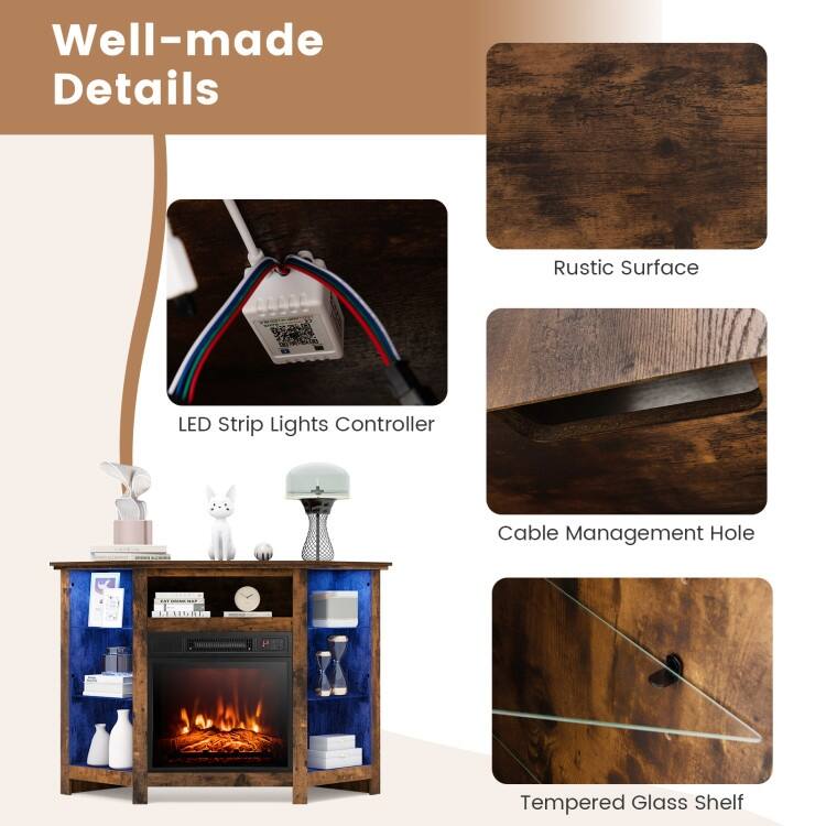 Electric Fireplace Corner TV Stand with LED Lights and Adjustable Glass Shelves - 45" x 22" x 30"