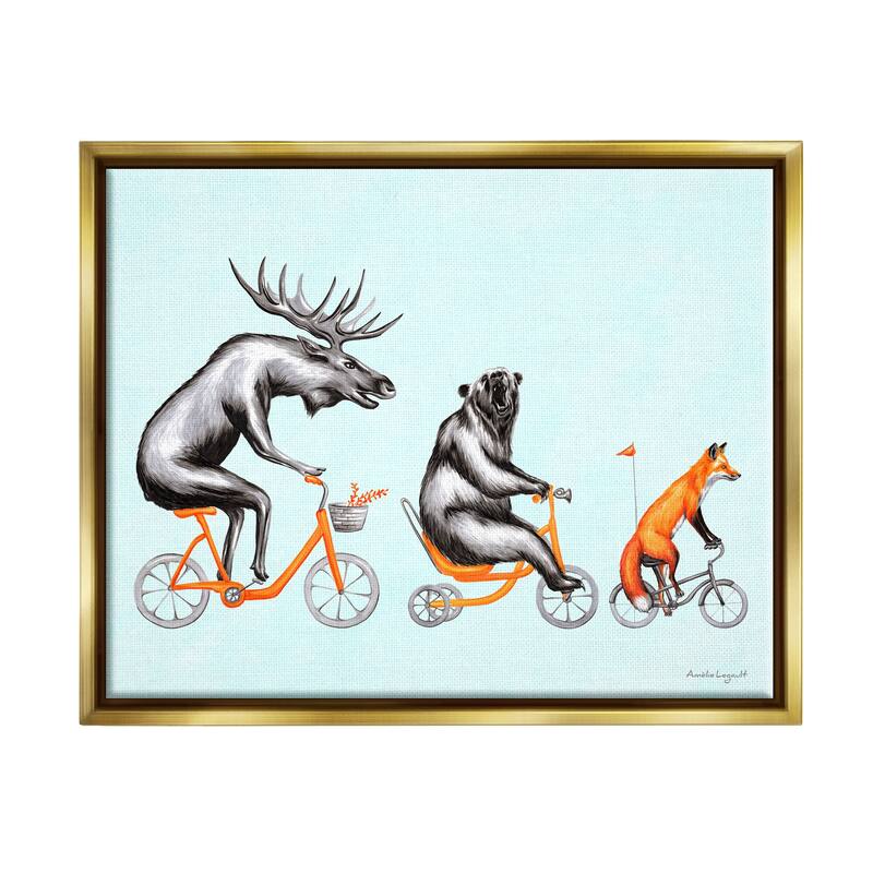 Stupell Wildlife Animals Riding Bikes Moose Bear Fox Floater Frame, Design by Amelie Legault - 20 x 16 - Gold
