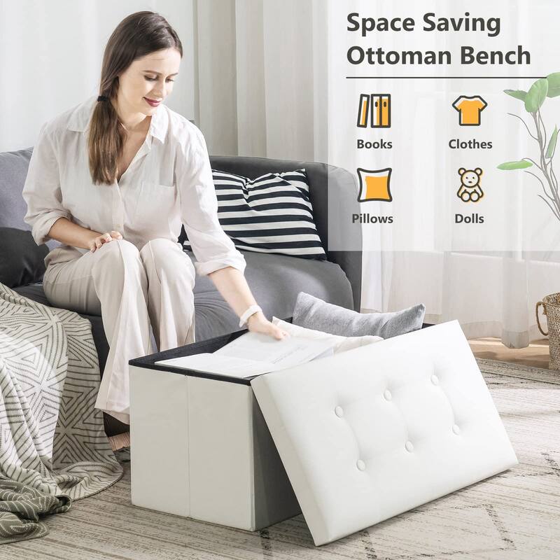 Folding Storage Ottoman Bench, Faux Leather Footrest Couch for Living Room, 30 inch Storage Bench with Padded Seat