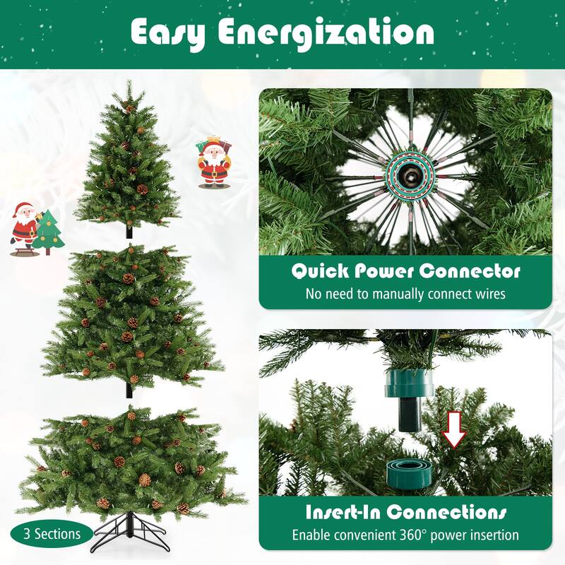 6 FT Artificial Christmas Tree with Pine Cones and Adjustable Brightness