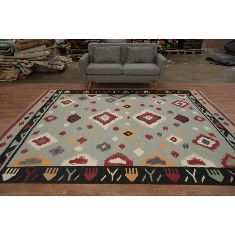Hand Woven Oriental 100% Wool Carpet Southwestern Tribal Greys & Charcoal Kilim Area Rug - 10' 3'' X 8' 5''