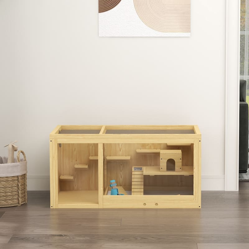 Natural Fir Wood Dwarf Hamster Cage with and Removable Tray Seesaw and Water Dispenser - 39.25" L x 19.75" W x 19.75" H