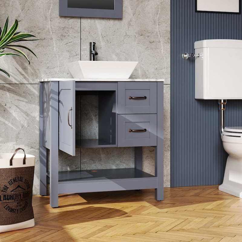 30 Inch MDF Freestanding Bathroom Vanity Set in Gray with Wood Top and Ceramic Sink and Faucet
